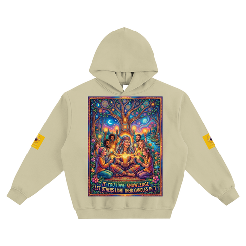 A light beige boxy fit hoodie with a large, colorful graphic print on the front depicting a spiritual scene.