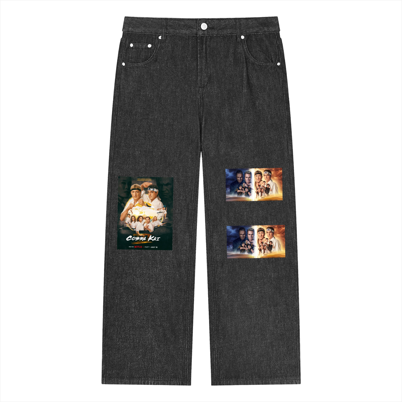 Black jeans with movie poster patches on a white background