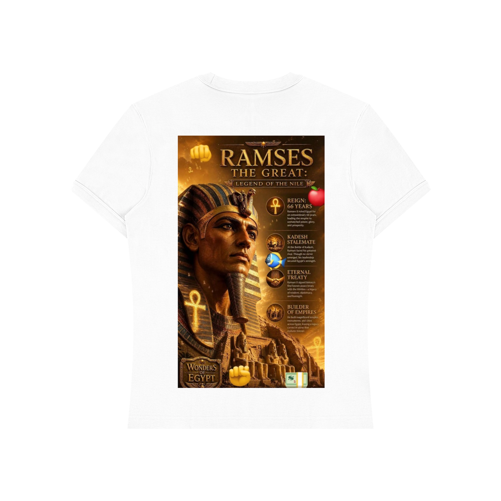 A white short-sleeve crewneck t-shirt featuring a large rectangular graphic print on the front. The graphic is titled 'RAMSES THE GREAT: EGYPT OF THE PHARAOHS' and displays an illustration of an ancient Egyptian pharaoh in a gold and brown palette with various historical symbols.