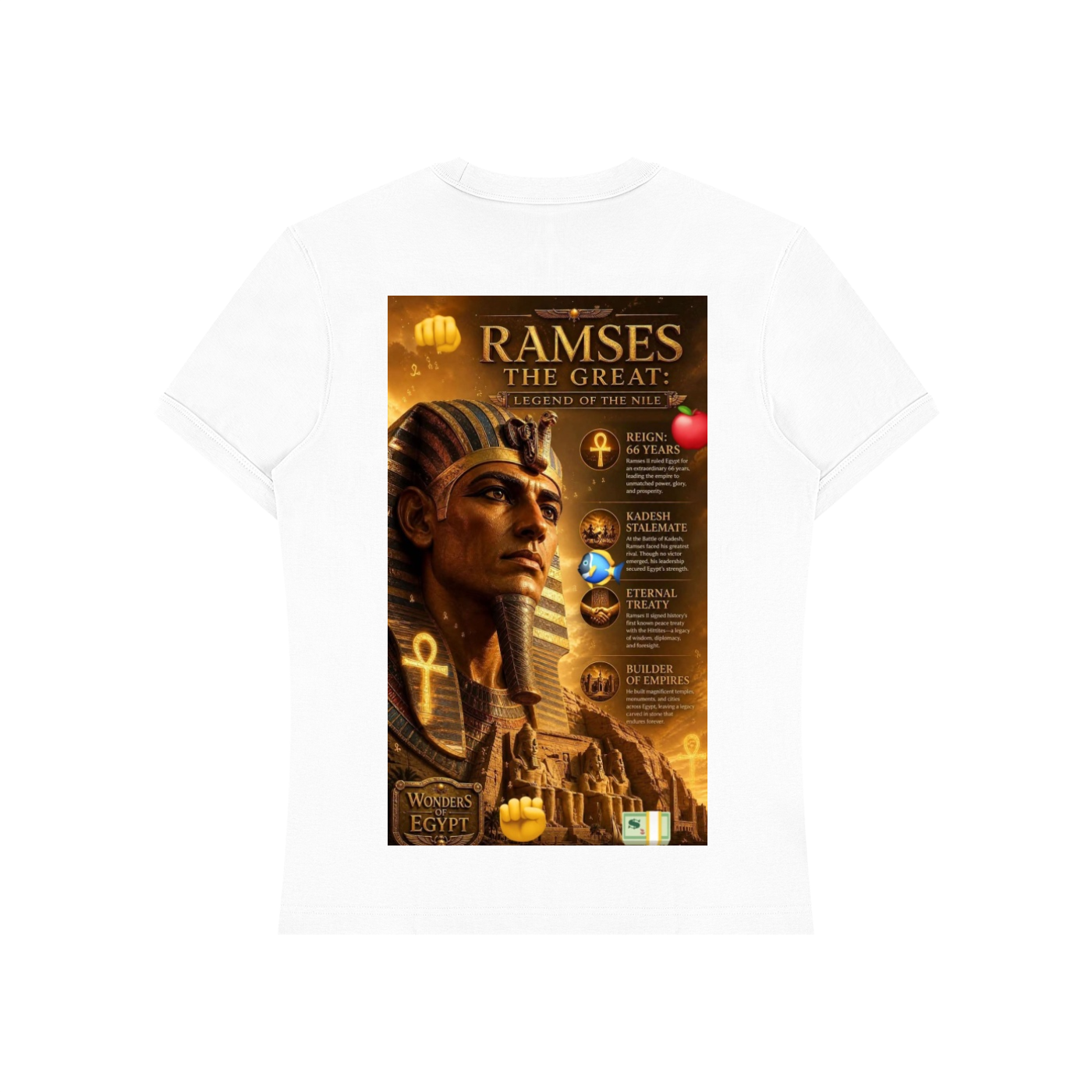 A white short-sleeve crewneck t-shirt featuring a large rectangular graphic print on the front. The graphic is titled 'RAMSES THE GREAT: EGYPT OF THE PHARAOHS' and displays an illustration of an ancient Egyptian pharaoh in a gold and brown palette with various historical symbols.