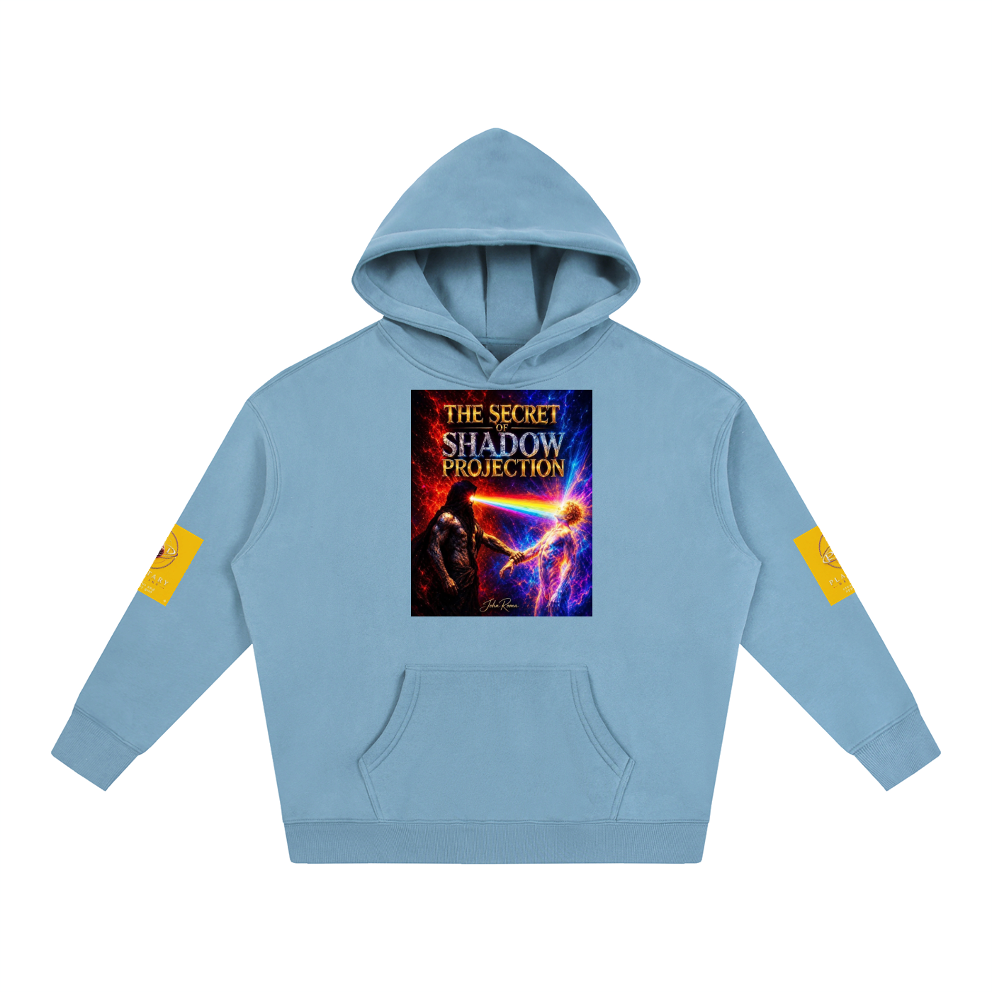 A light blue pullover hoodie with a graphic print on the chest reading 'THE SECRET SHADOW PROJECTION' and yellow patches on both sleeves, shown against a plain white background.