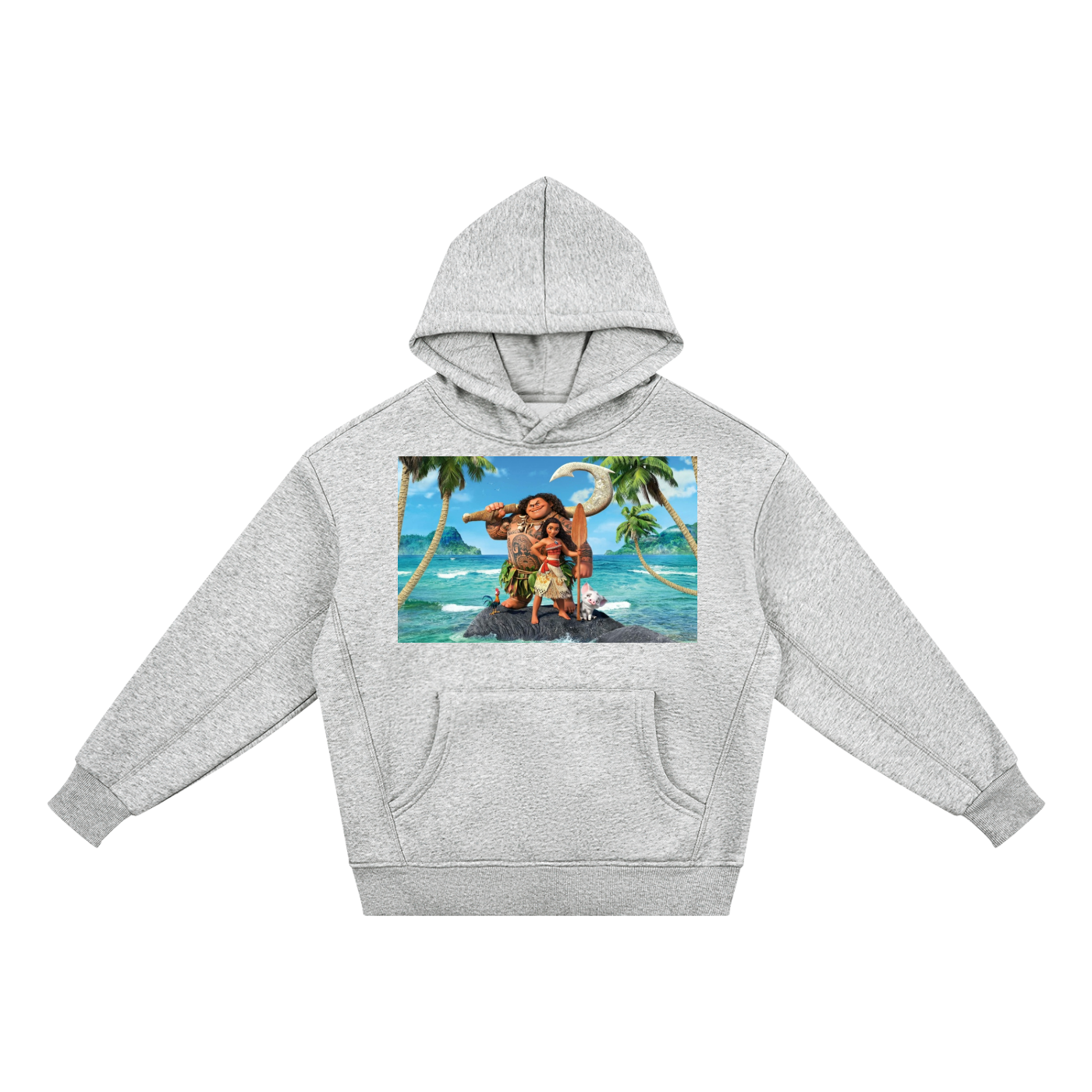 Gray hoodie with a tropical scene print on a white background