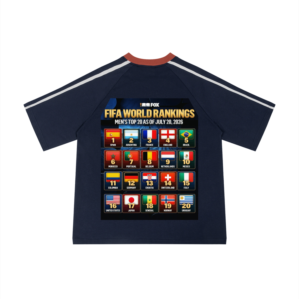 A navy blue short-sleeve raglan t-shirt with white stripes on the sleeves and a red collar, featuring a large FIFA World Rankings graphic on the front.
