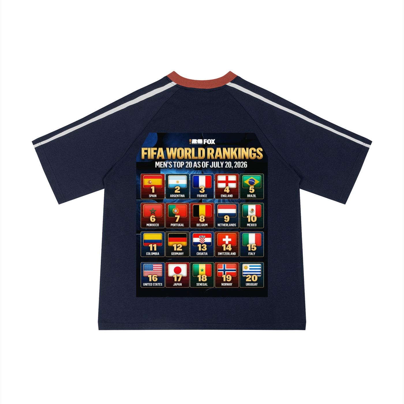 A navy blue short-sleeve raglan t-shirt with white stripes on the sleeves and a red collar, featuring a large FIFA World Rankings graphic on the front.