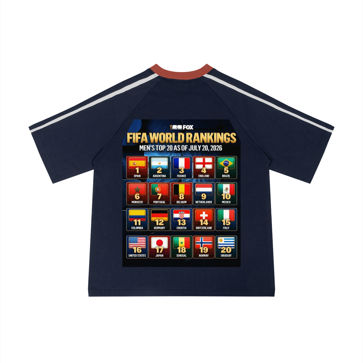 A navy blue short-sleeve raglan t-shirt with white stripes on the sleeves and a red collar, featuring a large FIFA World Rankings graphic on the front.