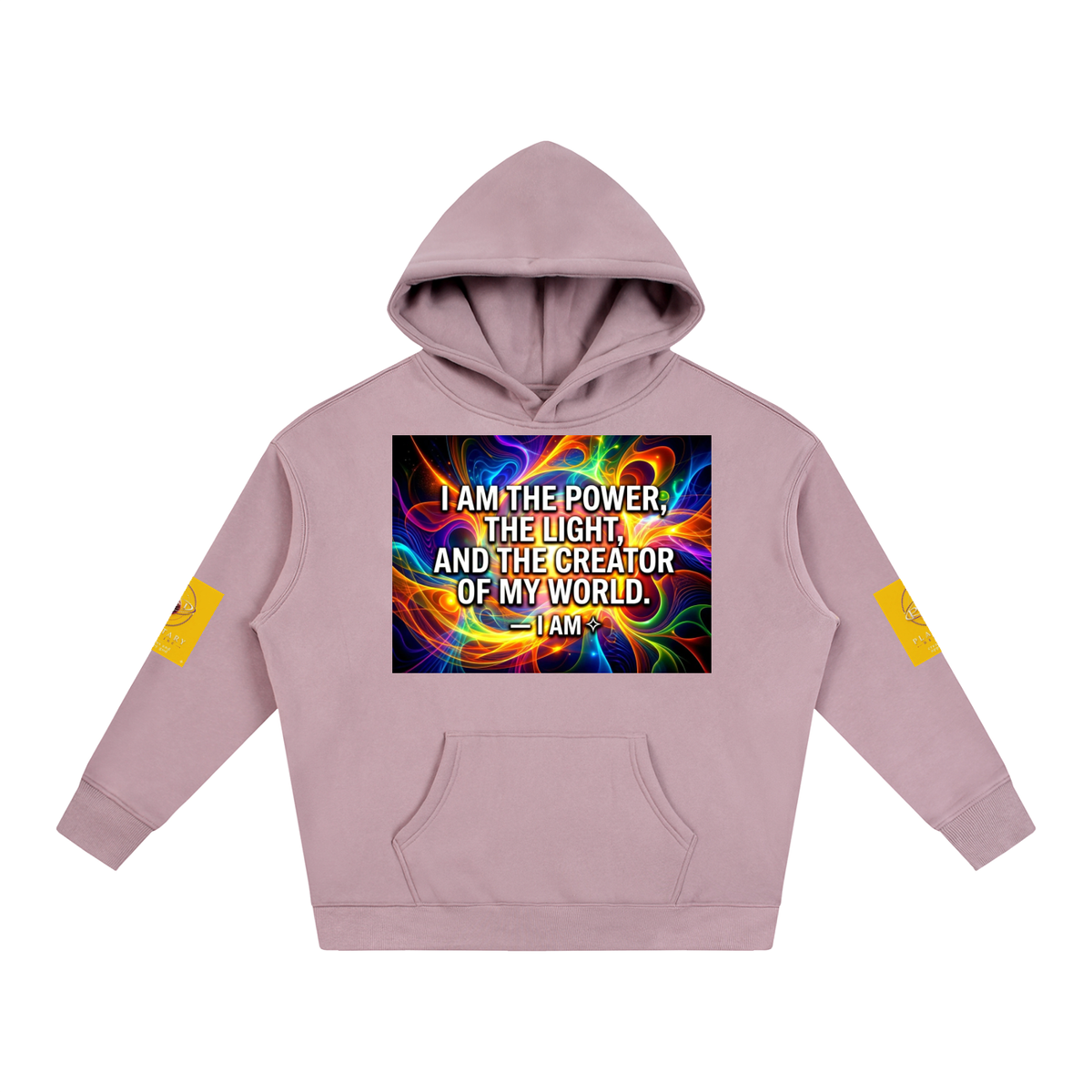 Pink hoodie with colorful text design on a white background