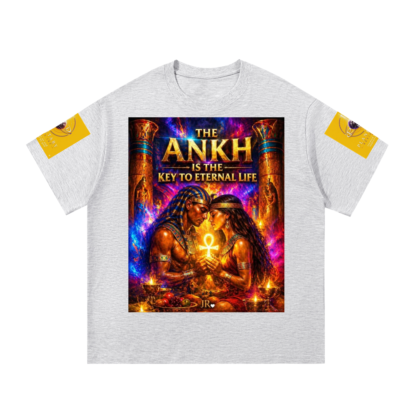 A light gray heather t-shirt with a large, vibrant graphic print on the front depicting an Egyptian scene with the text 'THE ANKH IS THE KEY TO ETERNAL LIFE'. The sleeves feature yellow patches with black circular eye illustrations.