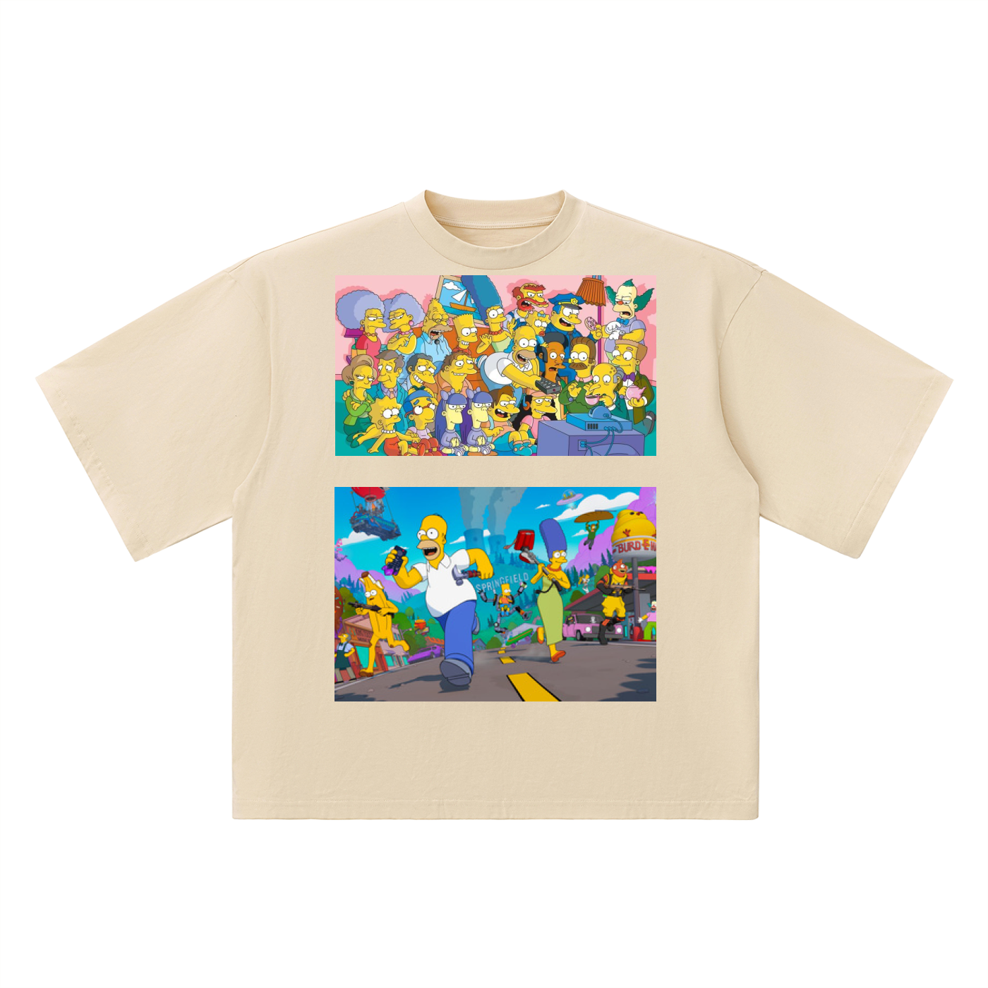 Beige t-shirt with colorful graphic design of animated characters on a white background