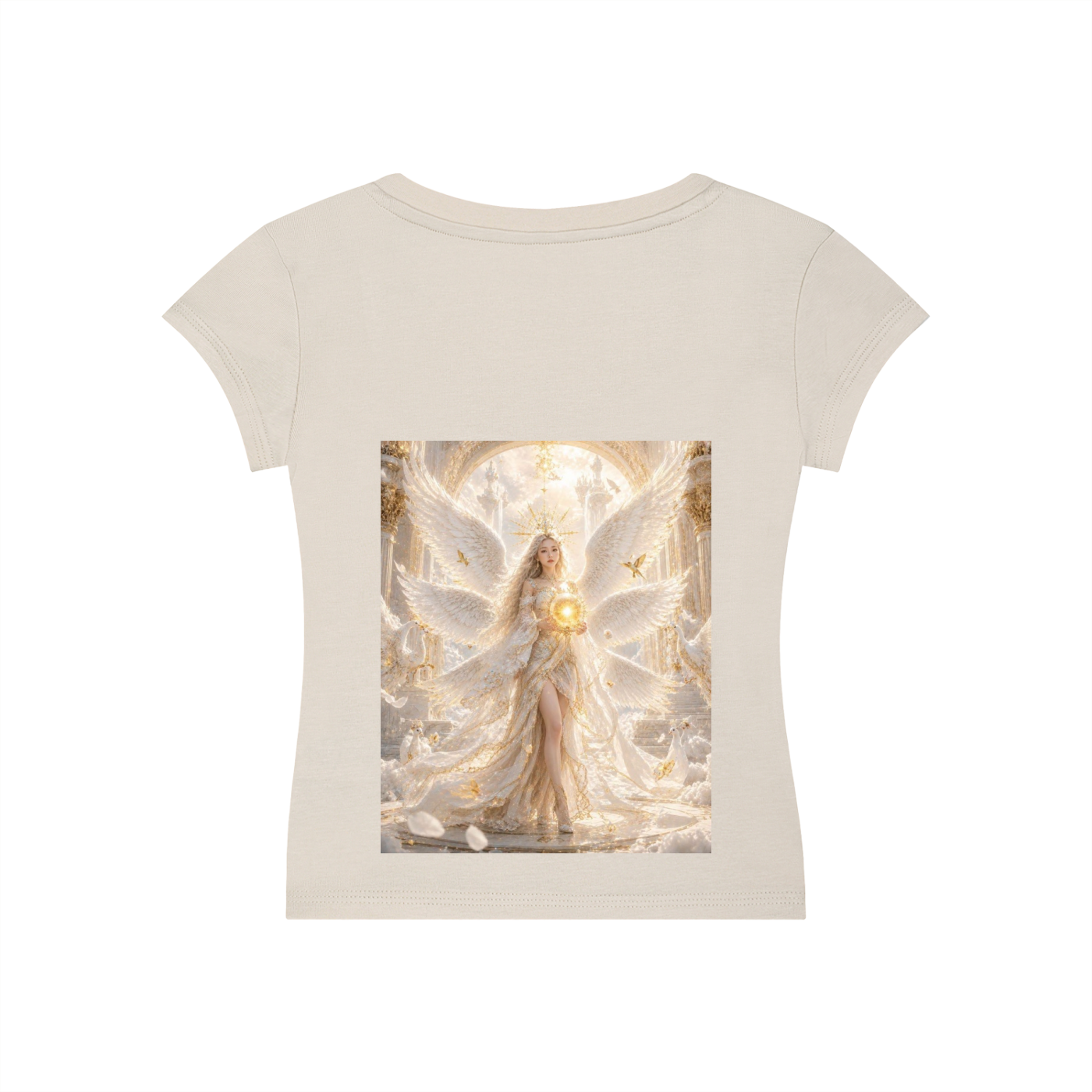 A short-sleeve cream-colored t-shirt featuring a large rectangular graphic print of a glowing angel with wings and a bright light on the front, set against a plain white background.