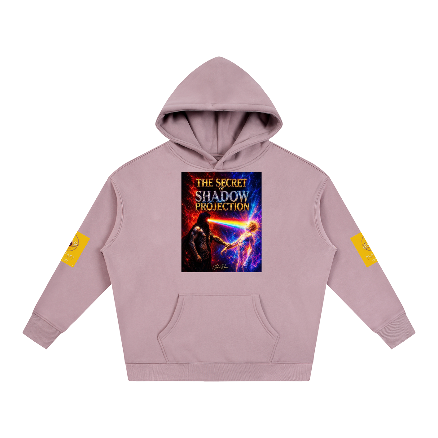 A light pink hoodie with a colorful graphic print on the chest reading 'THE SECRET SHADOW PROJECTION' and yellow patches on both sleeves, shown on a plain white background.