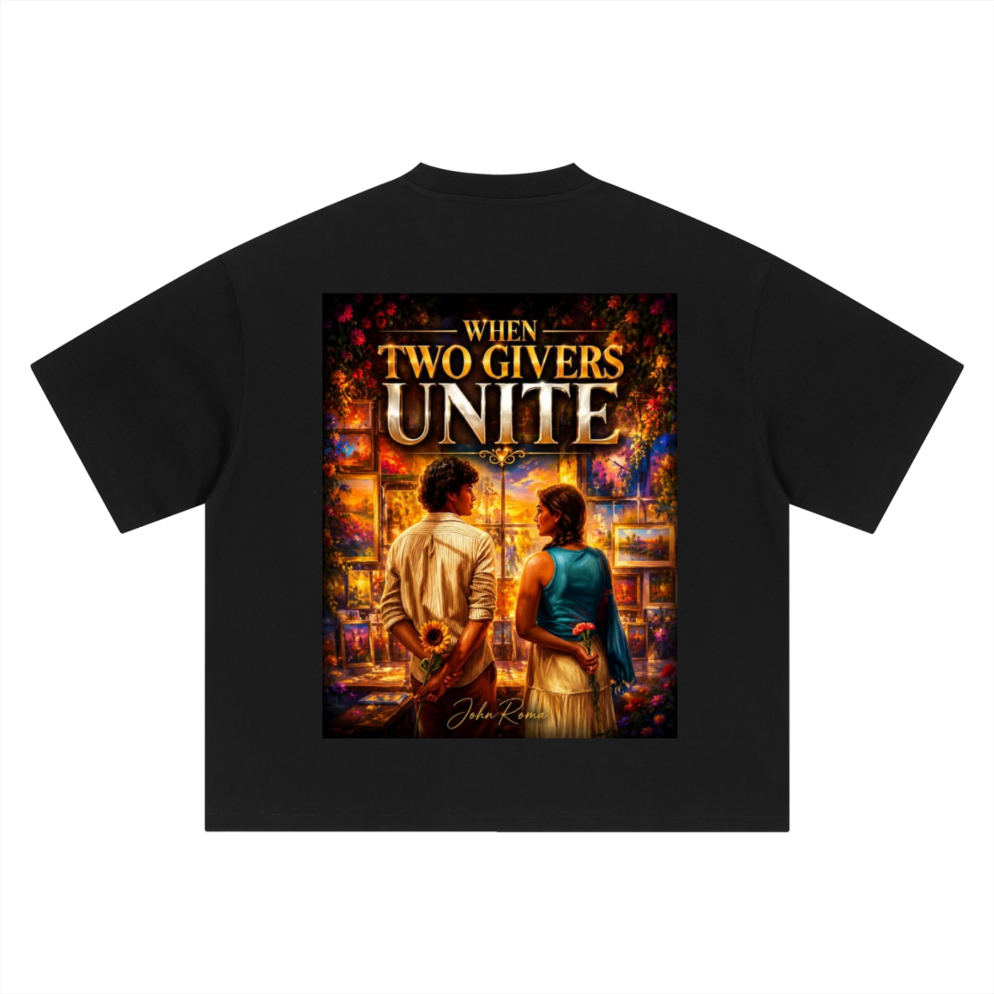 Black t-shirt with a colorful graphic and text on the back, featuring two people holding hands.