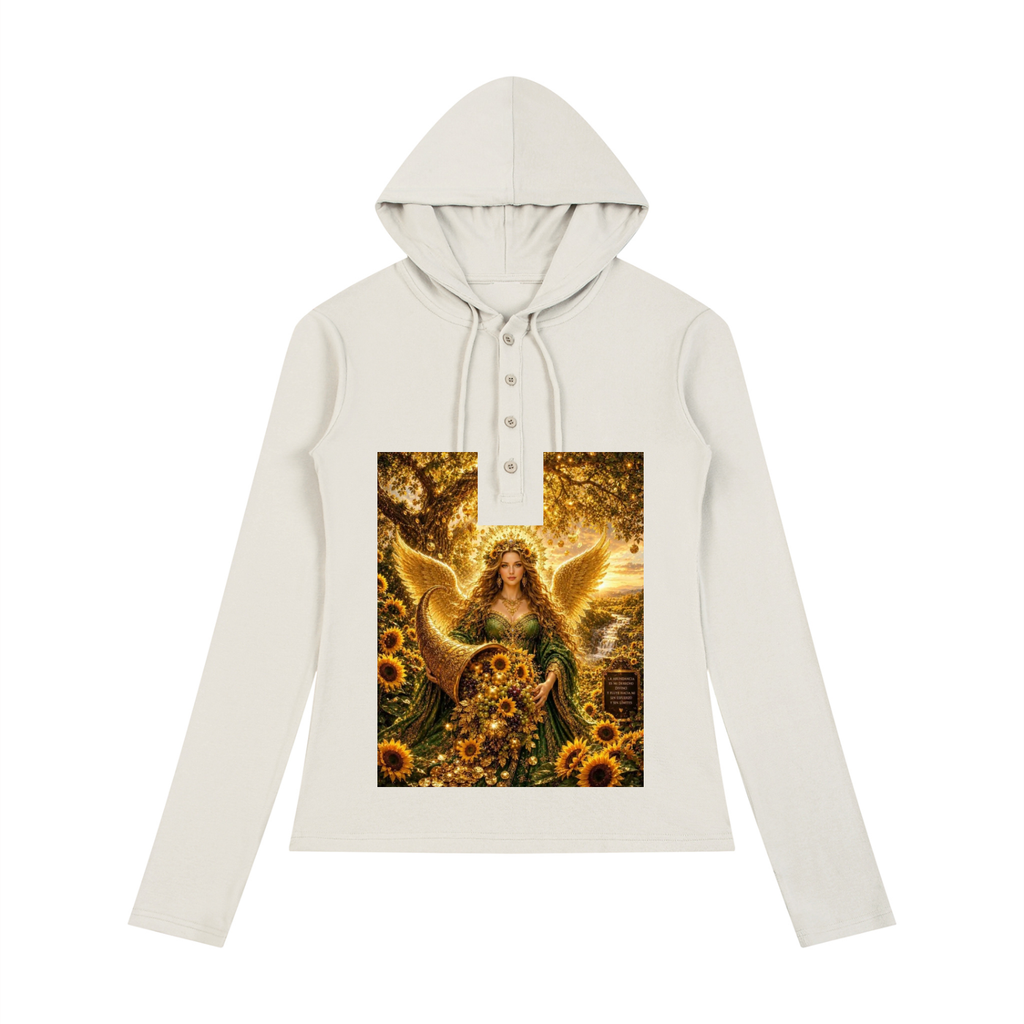 An off-white long-sleeve hoodie with a drawstring hood and a buttoned henley collar, featuring a large graphic print of an angel surrounded by sunflowers on the front.