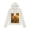An off-white long-sleeve hoodie with a drawstring hood and a buttoned henley collar, featuring a large graphic print of an angel surrounded by sunflowers on the front.