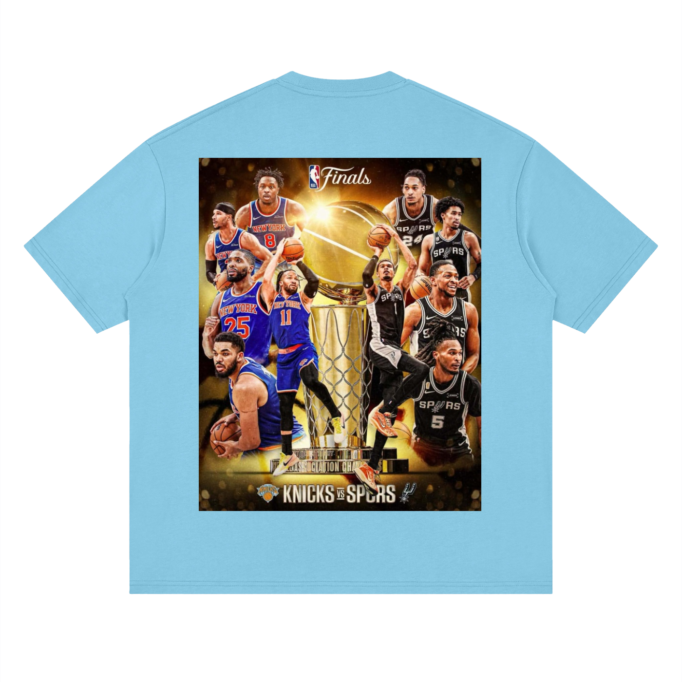 Light blue t-shirt with a graphic of basketball players and a trophy on a white background
