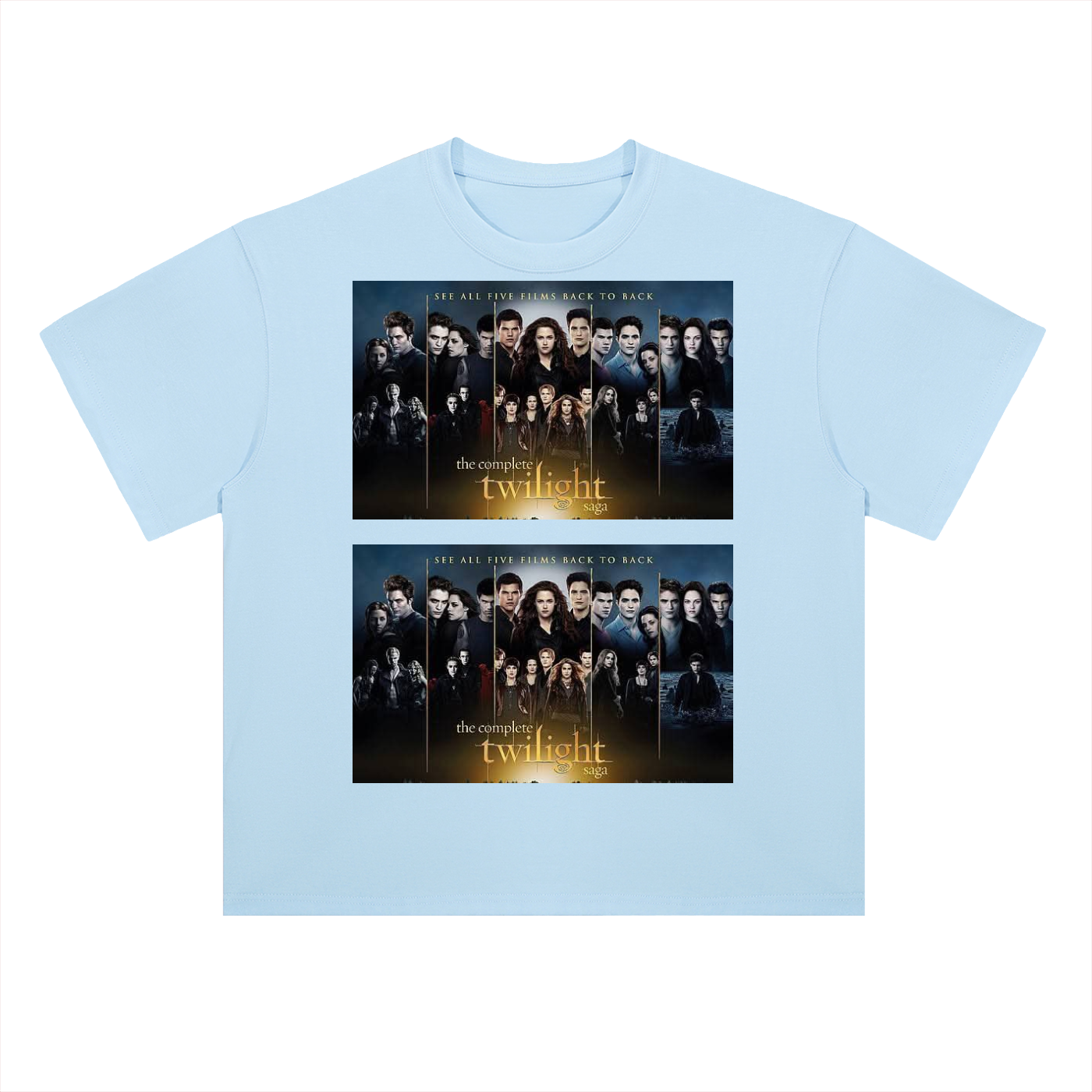 Light blue t-shirt with 'The Twilight' movie poster design on a white background
