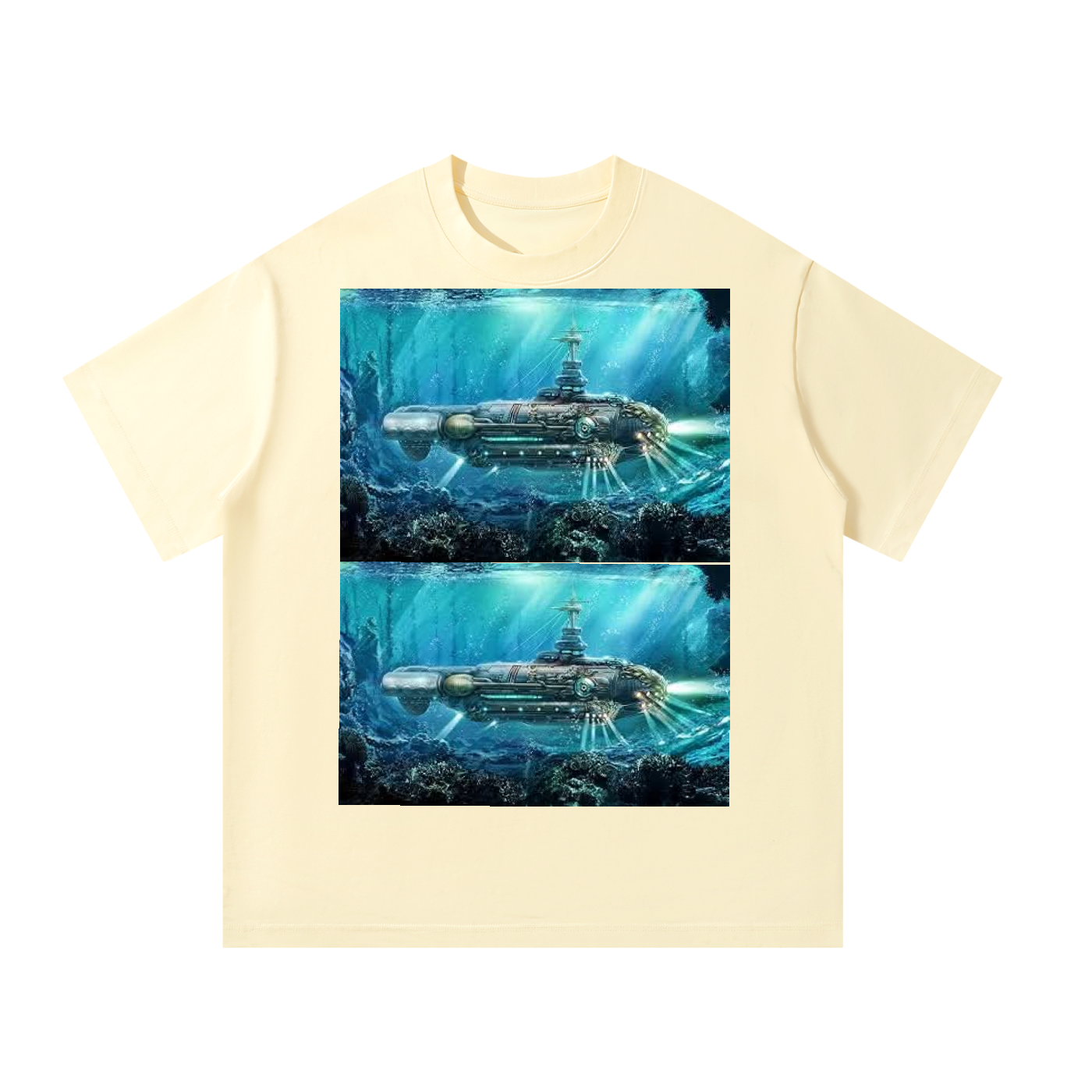 Beige t-shirt with underwater scene design featuring a submarine.