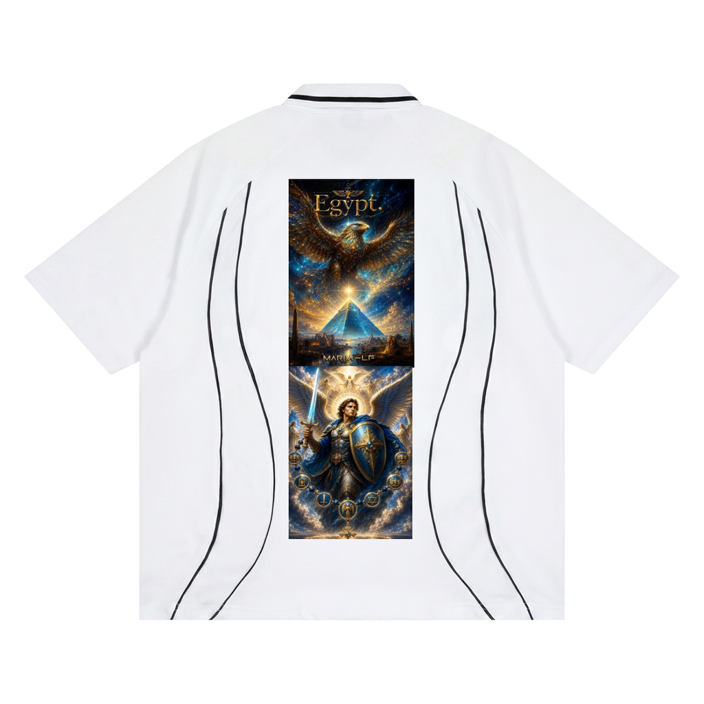 White short-sleeve T-shirt shown from the back, featuring a large vertical graphic print with Egyptian-themed artwork and text, plus thin black curved line details running down the sides.