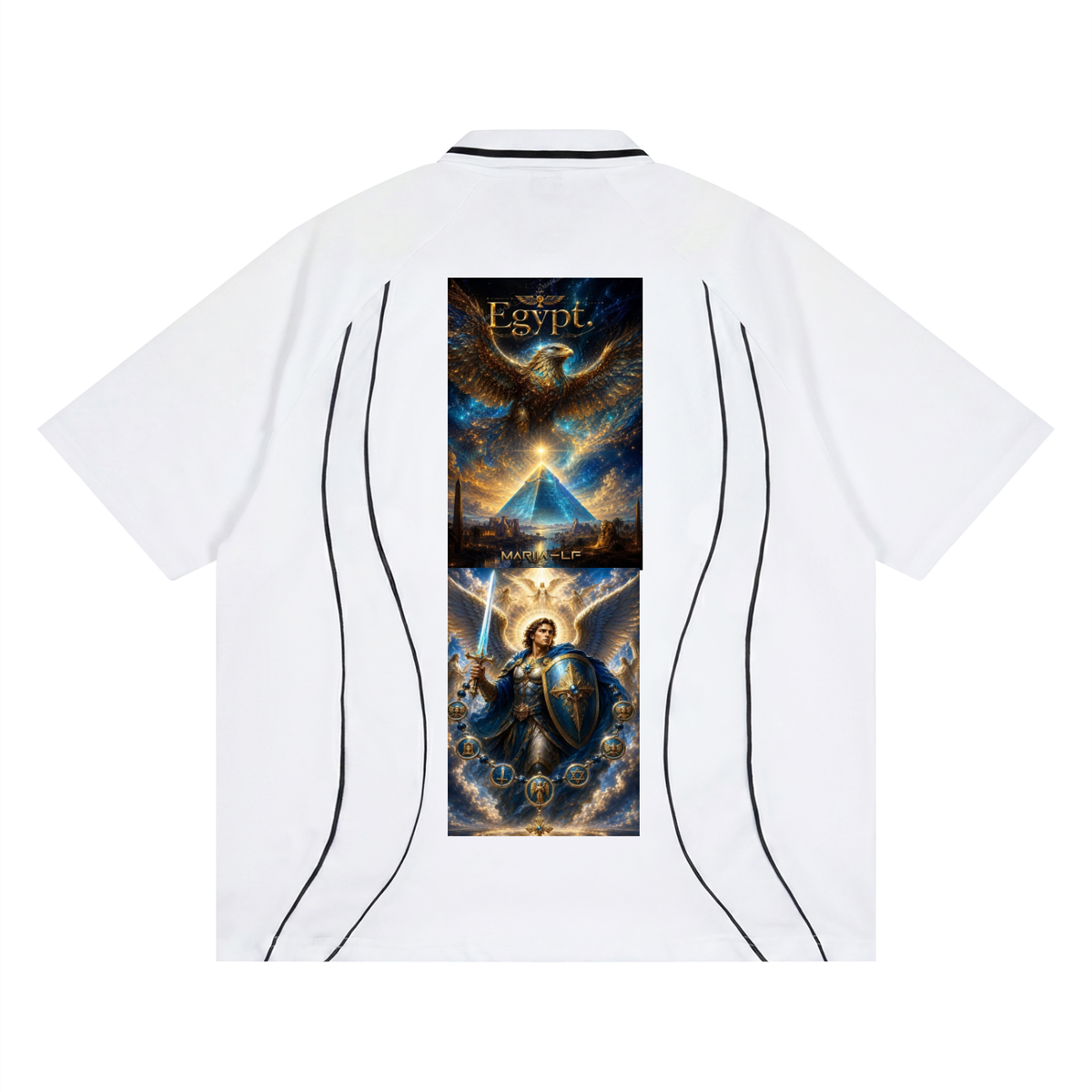 White short-sleeve T-shirt shown from the back, featuring a large vertical graphic print with Egyptian-themed artwork and text, plus thin black curved line details running down the sides.