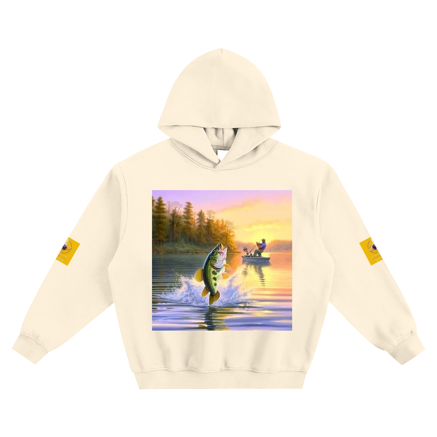 Beige hoodie with a graphic of a fish jumping out of water at sunset on a lake.