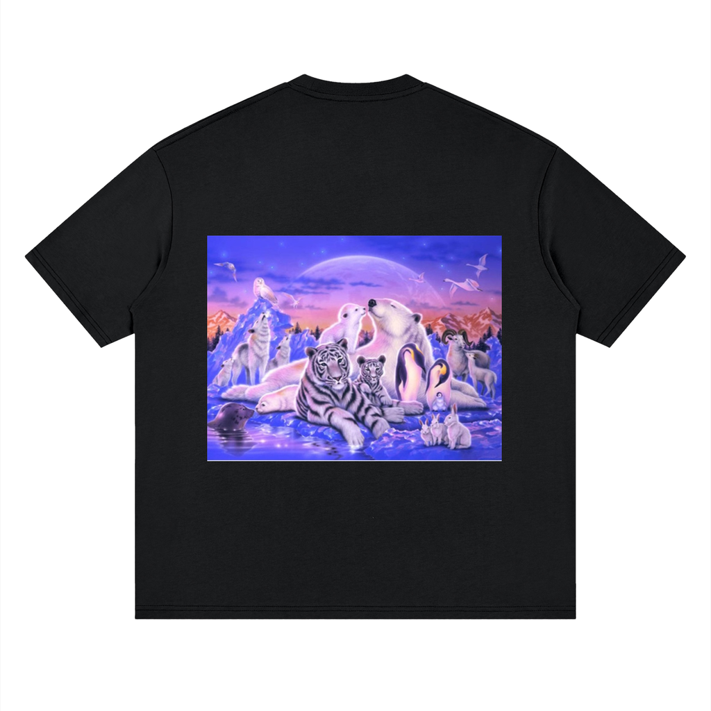 Black t-shirt with a colorful graphic of animals on a white background