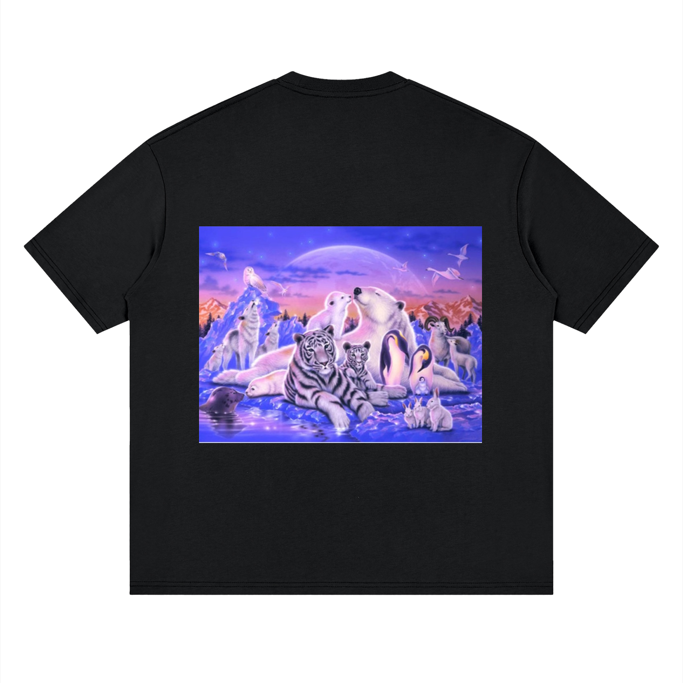 Black t-shirt with a colorful graphic of animals on a white background