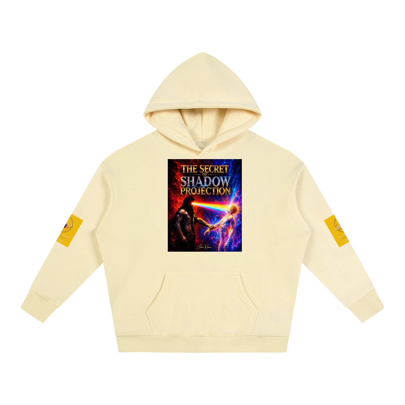 A cream-colored pullover hoodie with a colorful graphic print on the chest reading 'THE SECRET SHADOW PROJECTION' and yellow patches on both sleeves, shown against a plain white background.
