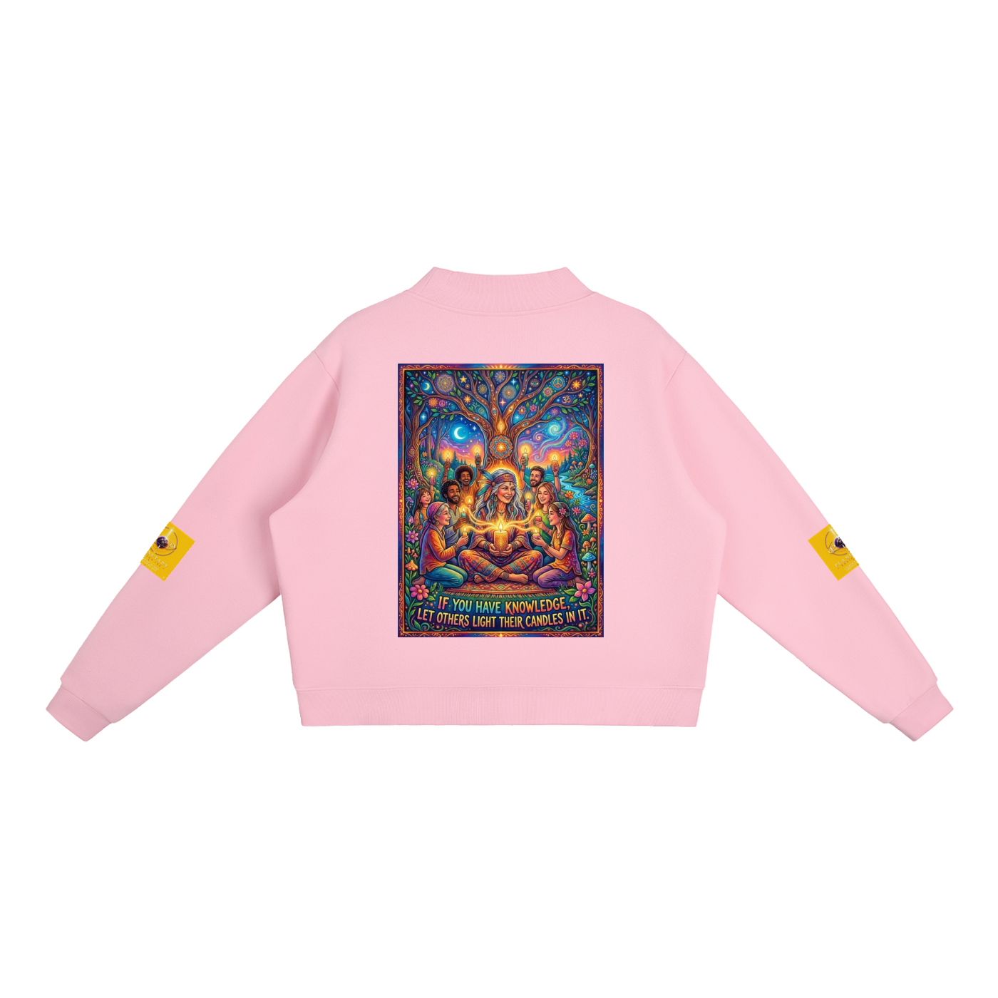 A light pink cropped sweatshirt shown from the back, featuring a large, colorful graphic print of a Hindu deity seated under a tree with the text 'IF YOU SEE HIM, KNOW HIM. LET HIM NOT GO.