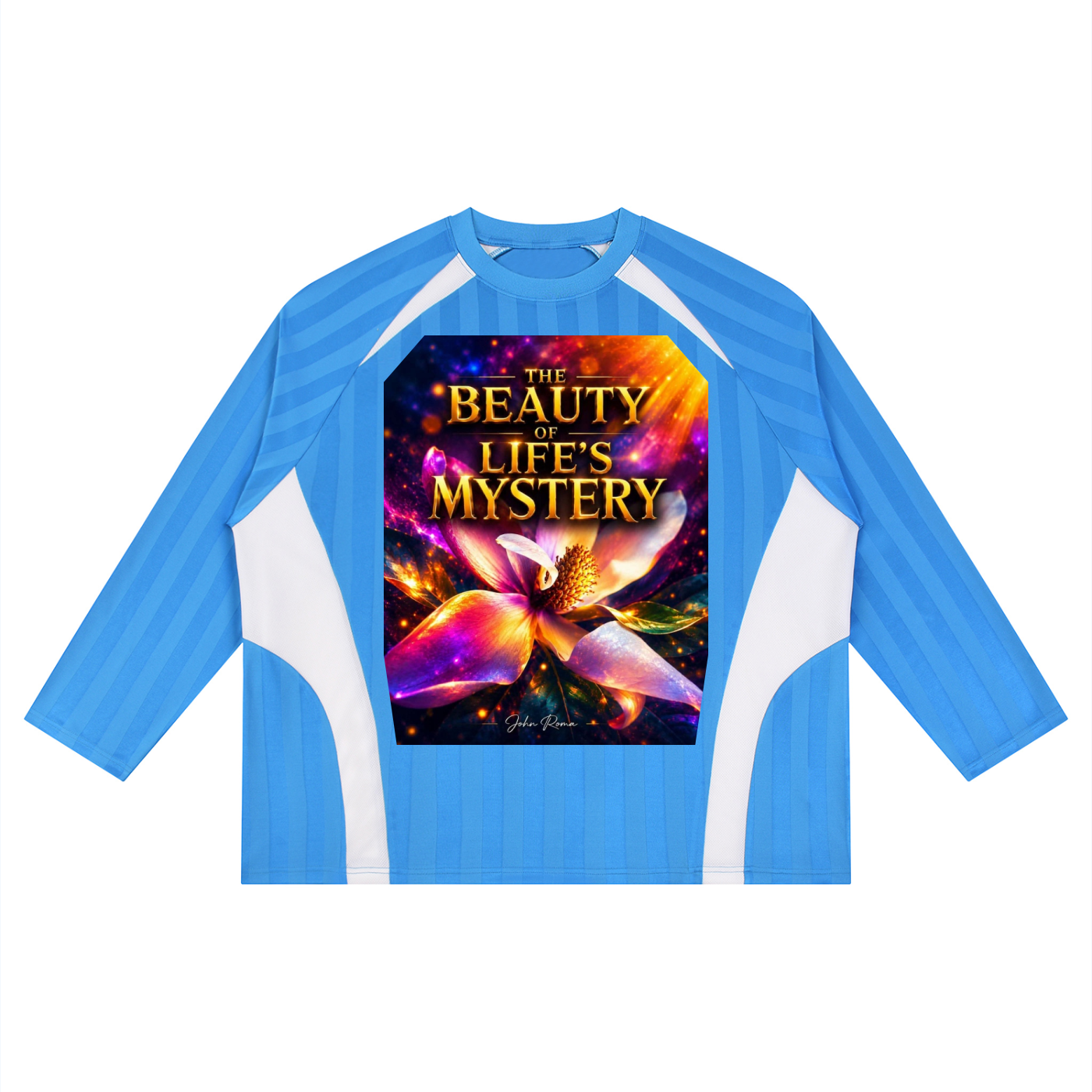 Blue and white long-sleeve shirt with a colorful design and text on a white background