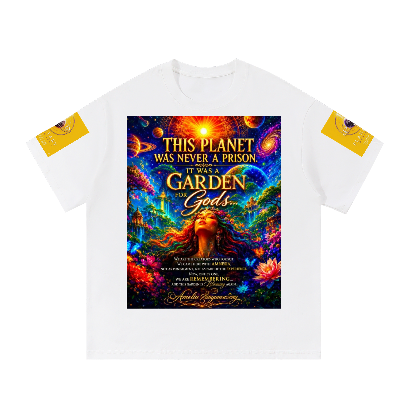 A white short-sleeve t-shirt with a large, vibrant cosmic garden graphic on the front and yellow sleeve patches, displayed on a clean white background.