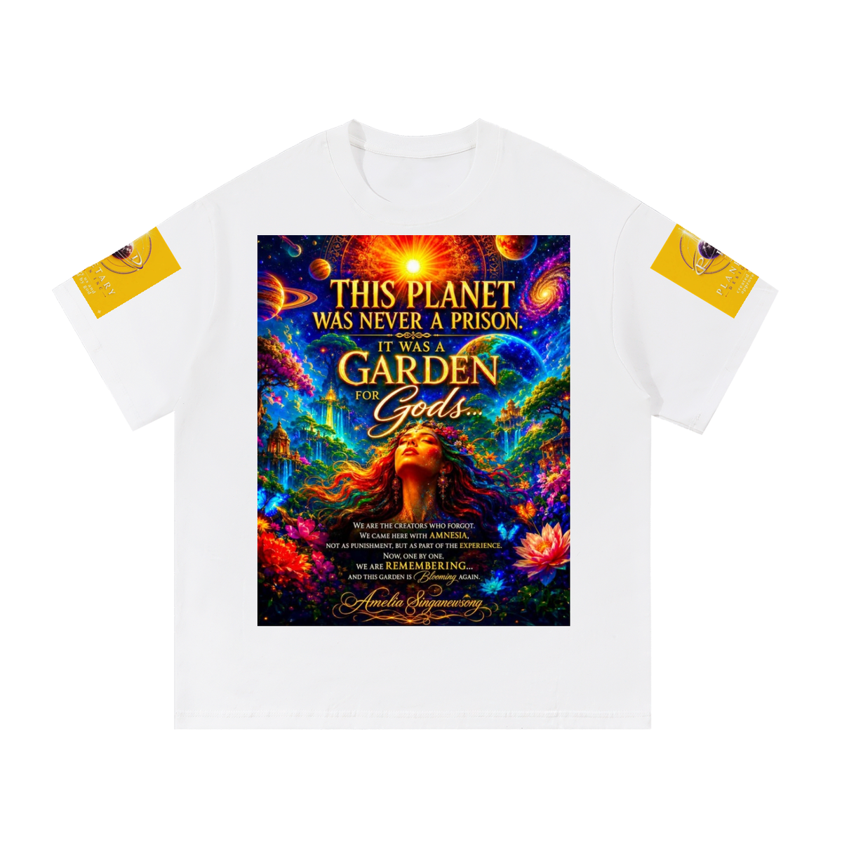 A white short-sleeve t-shirt with a large, vibrant cosmic garden graphic on the front and yellow sleeve patches, displayed on a clean white background.