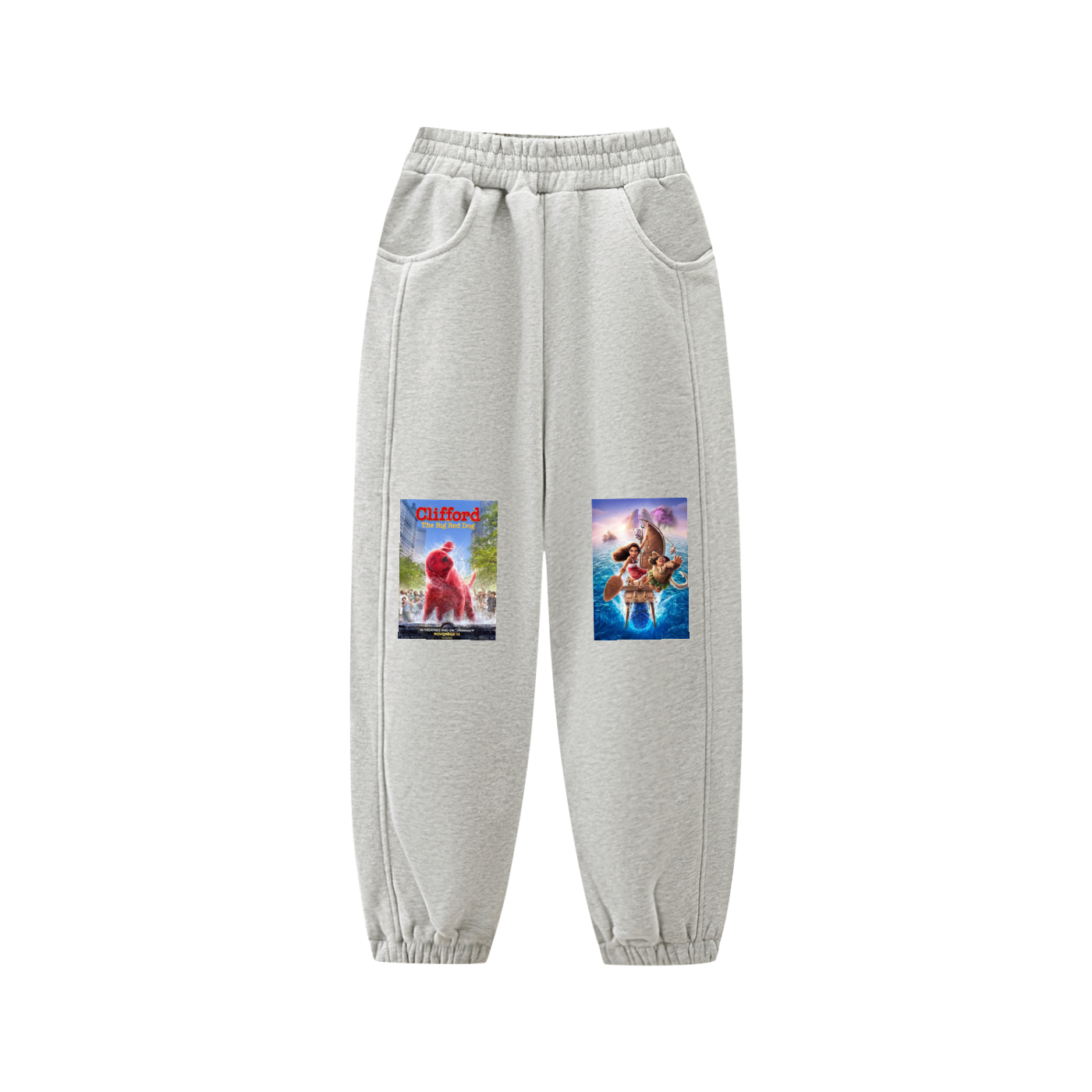 Gray sweatpants with cartoon character prints on a white background