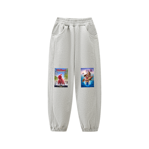 Gray sweatpants with cartoon character prints on a white background