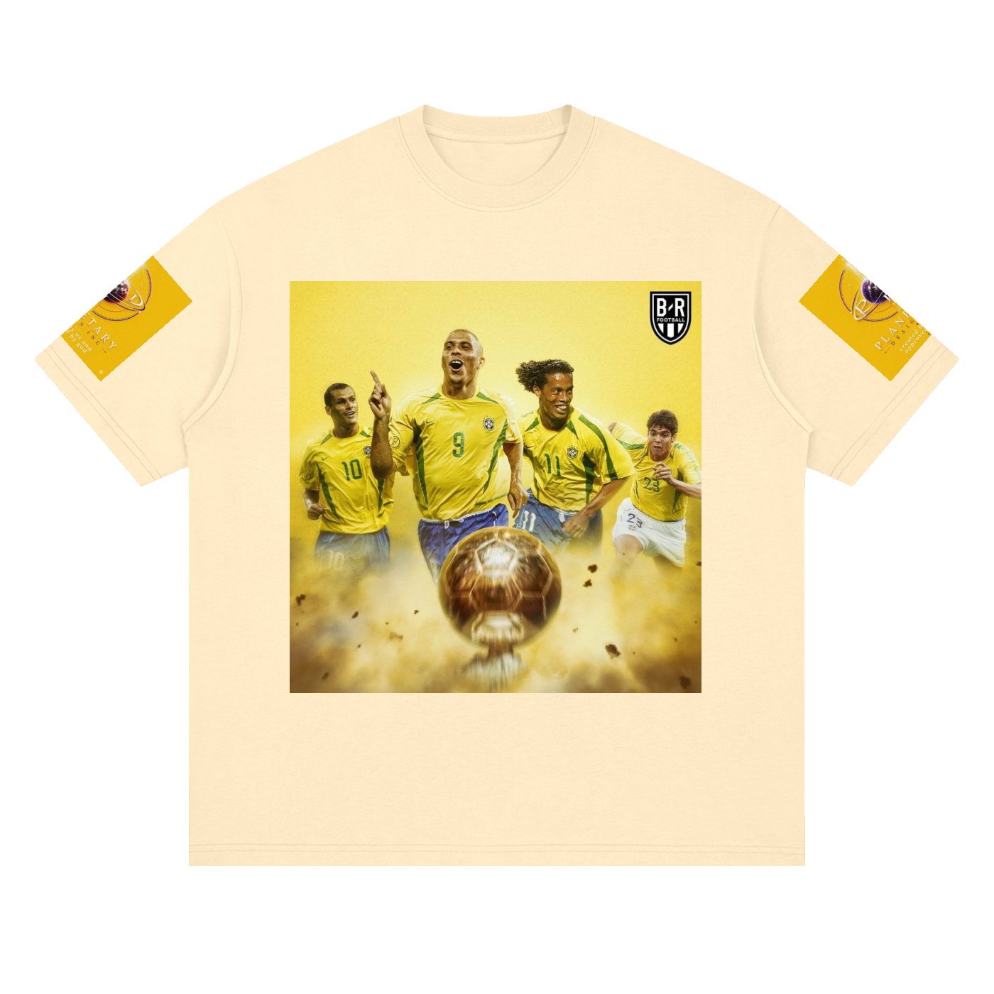 Beige t-shirt with a graphic of soccer players and a ball on a white background