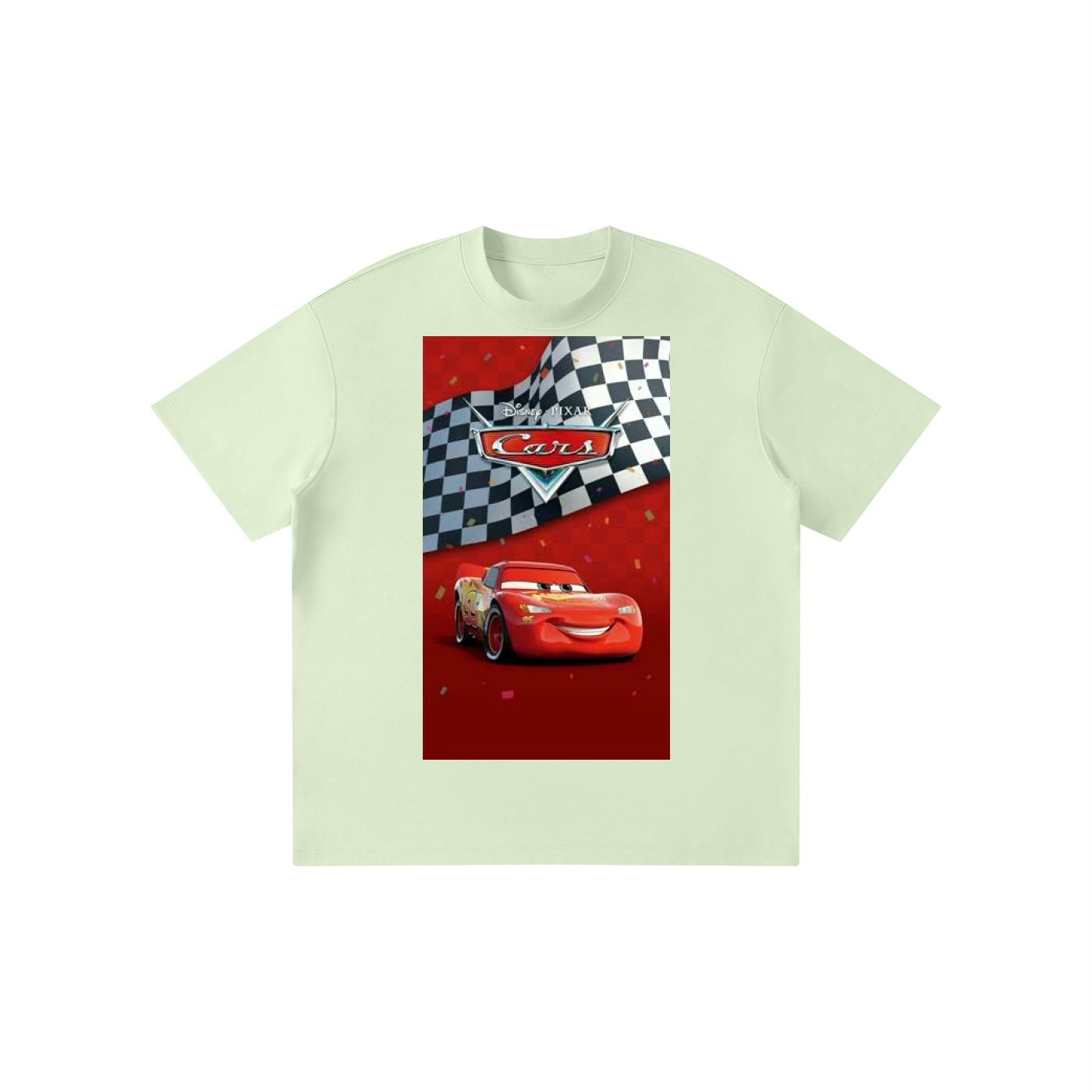 Light green t-shirt with a graphic of a red car and checkered flag on a white background