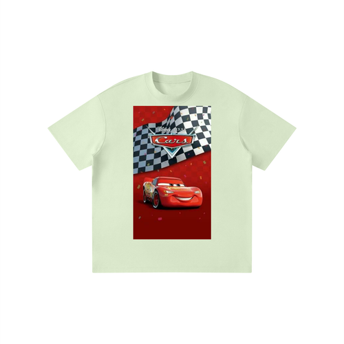 Light green t-shirt with a graphic of a red car and checkered flag on a white background