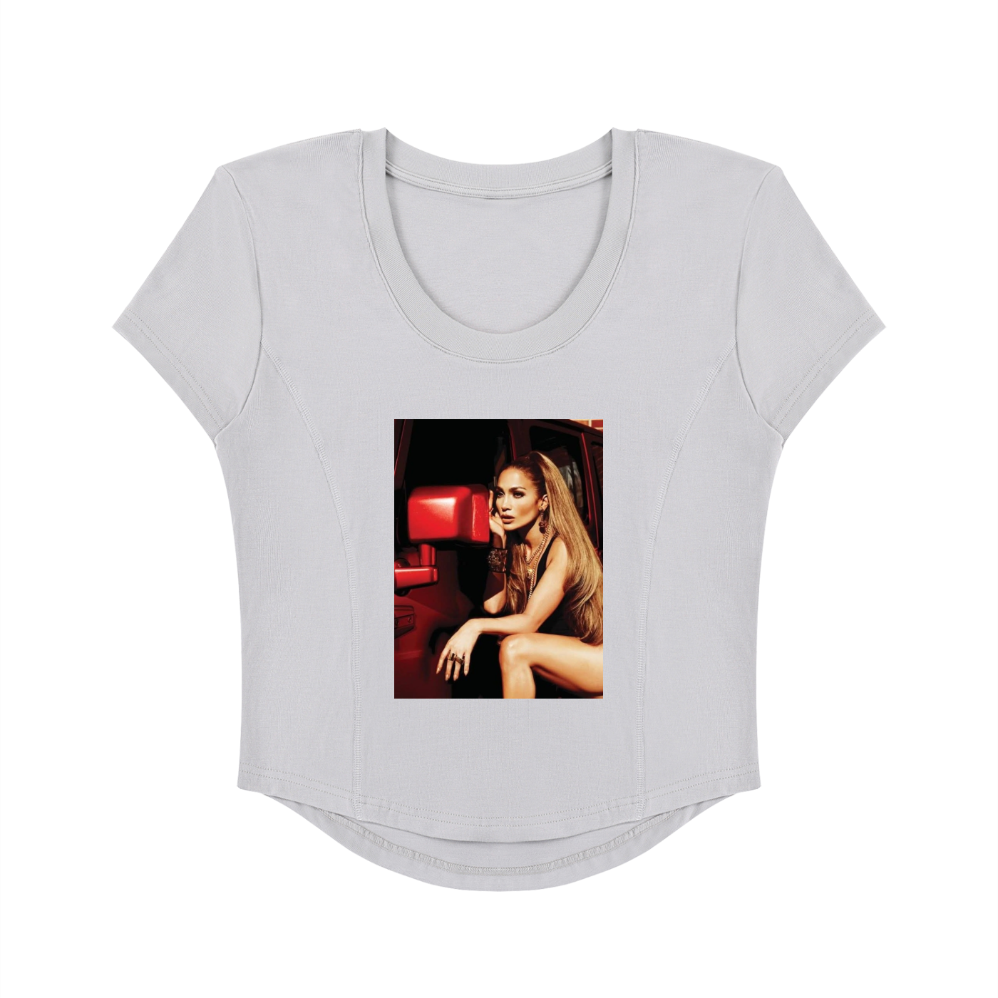 White t-shirt with a graphic of a woman on a red couch on a white background