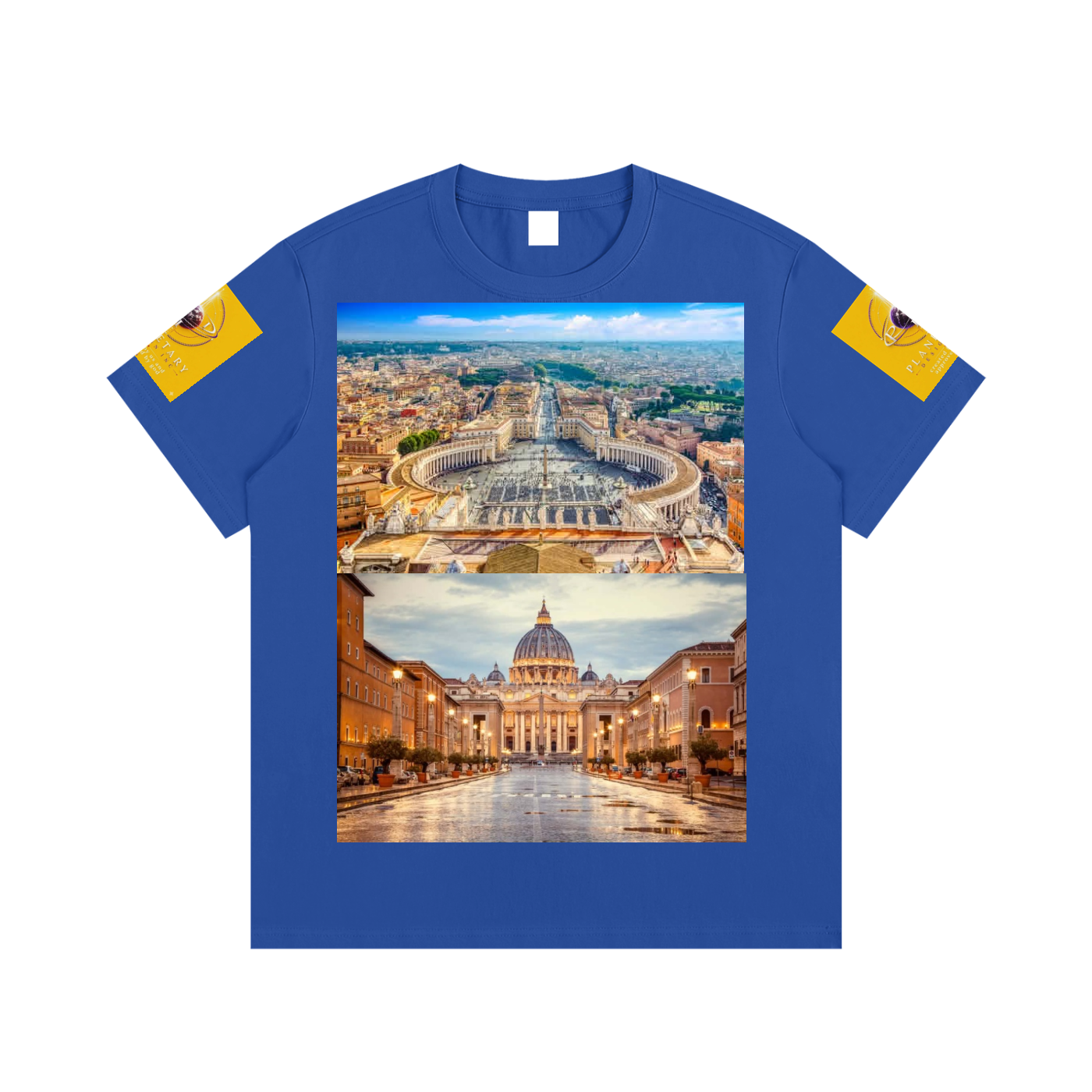 Blue t-shirt with images of St. Peter's Basilica on a white background