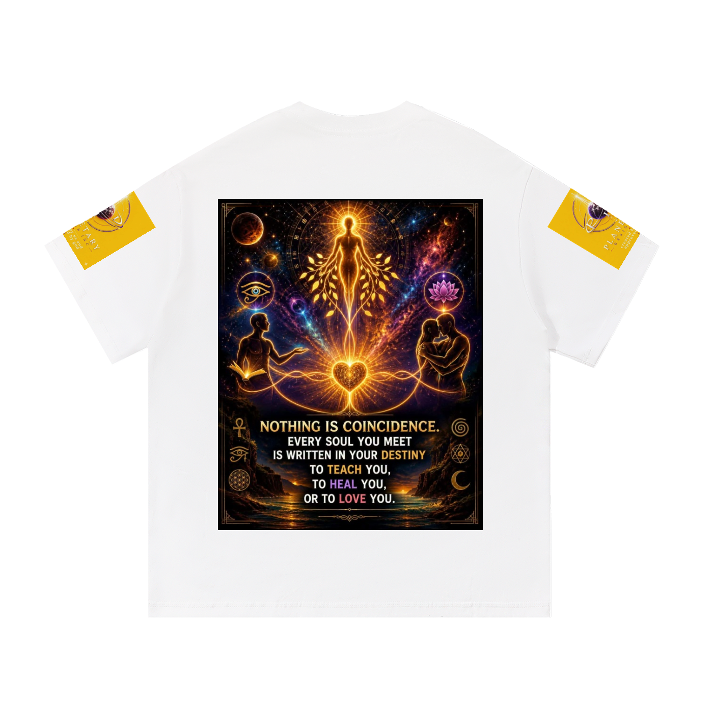 A white short-sleeve t-shirt with a large, colorful spiritual graphic on the chest and yellow patches on both sleeves, displayed on a clean white background.
