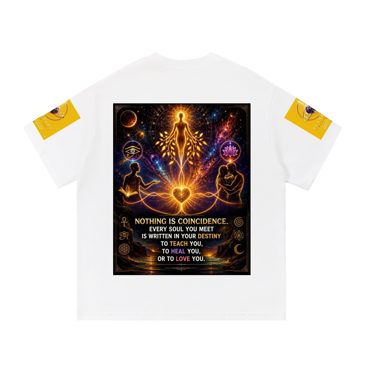 A white short-sleeve t-shirt with a large, colorful spiritual graphic on the chest and yellow patches on both sleeves, displayed on a clean white background.