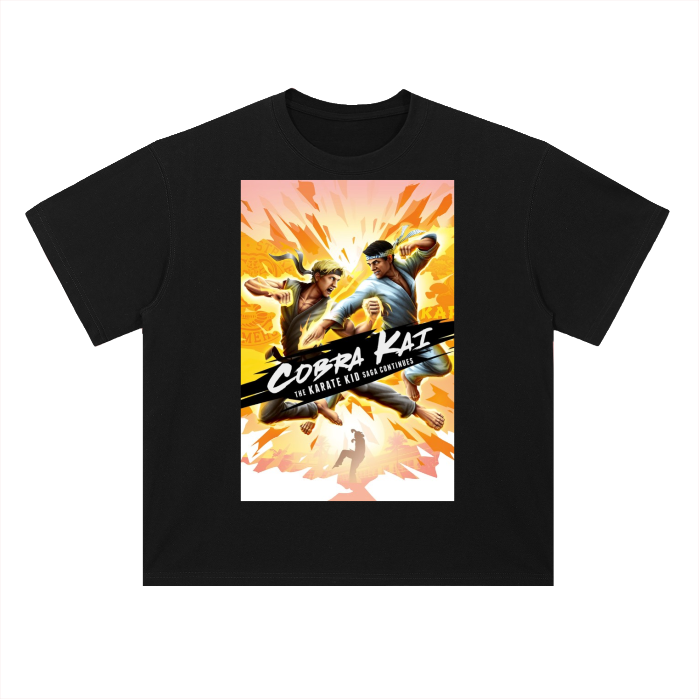Black t-shirt with Cobra Kai graphic design on a white background