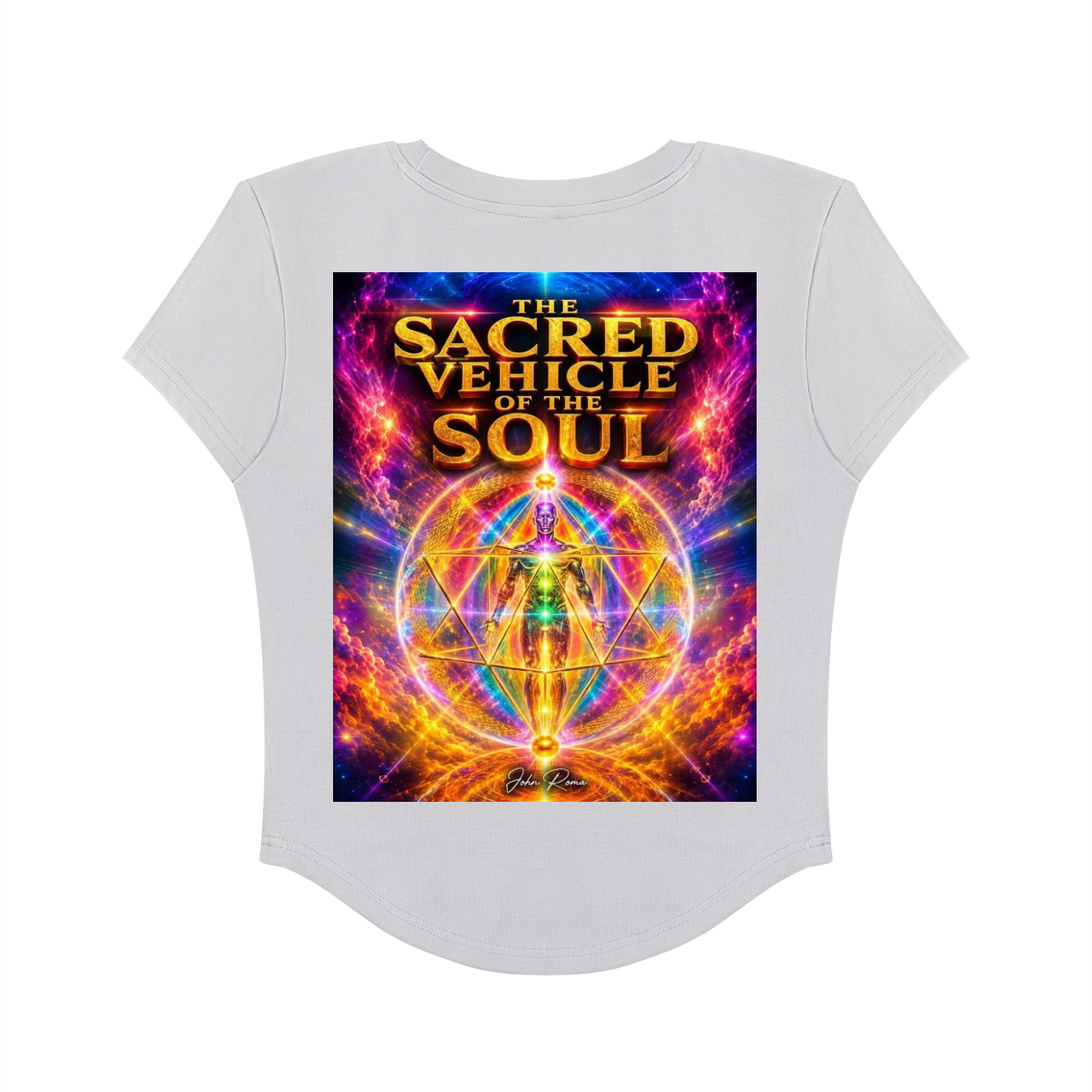 White t-shirt with 'The Sacred Vehicle of the Soul' design on a white background