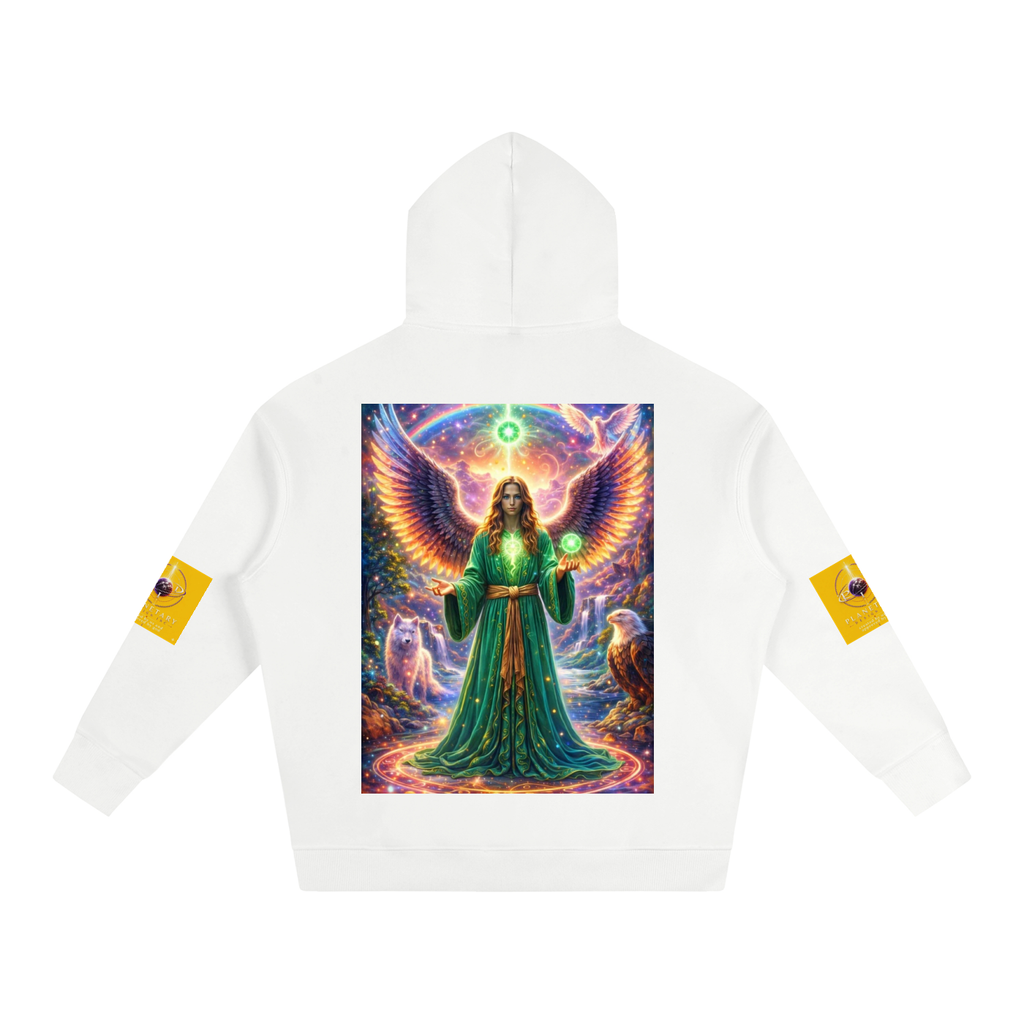 White hoodie with a colorful graphic of a woman in a green dress and wings on the front.