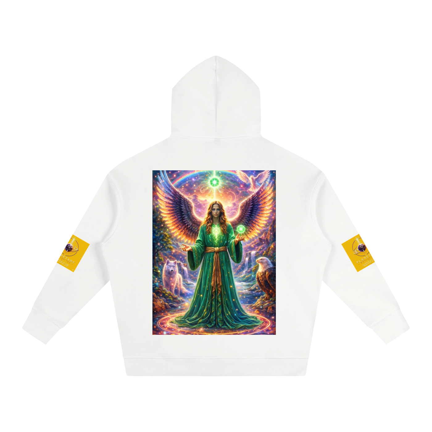 White hoodie with a colorful graphic of a woman in a green dress and wings on the front.