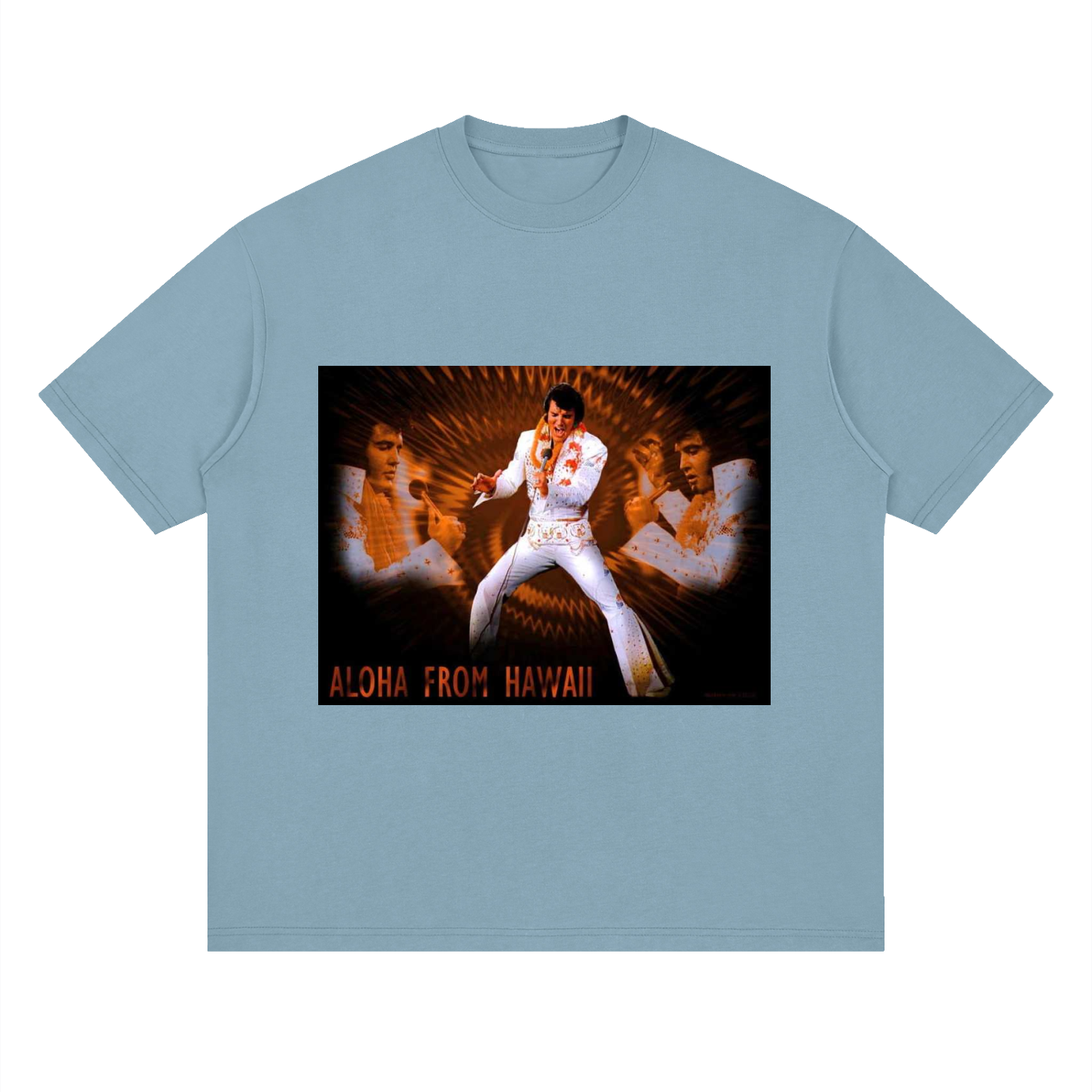 Light blue t-shirt with a graphic of Elvis Presley and 'Aloha from Hawaii' text on a white background