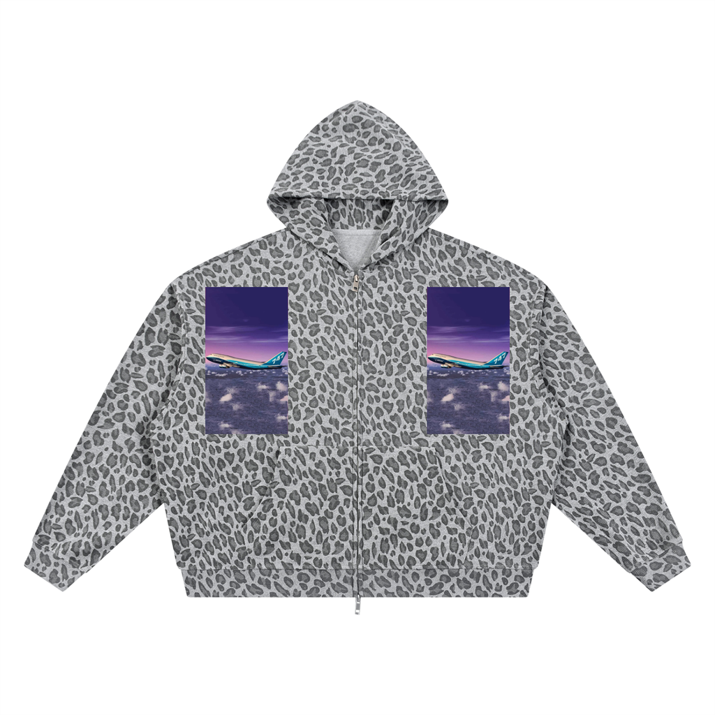 Leopard print jacket with purple pocket designs on a white background