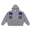 Leopard print jacket with purple pocket designs on a white background