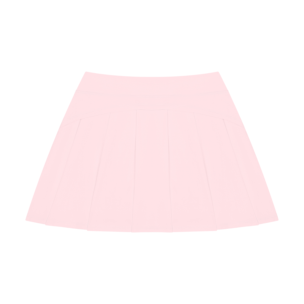 A light pink pleated mini skirt shown flat against a solid white background.