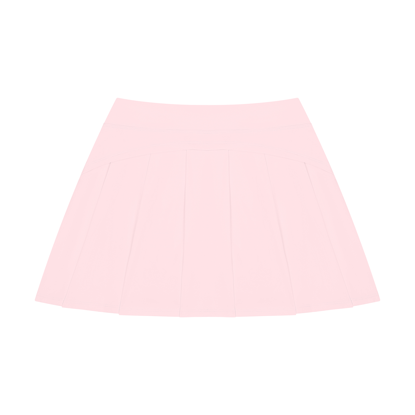 A light pink pleated mini skirt shown flat against a solid white background.