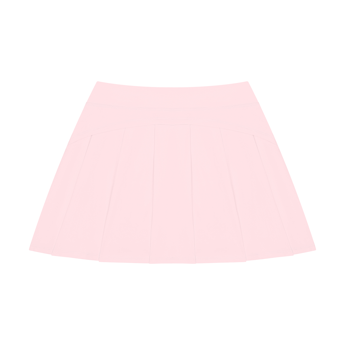 A light pink pleated mini skirt shown flat against a solid white background.