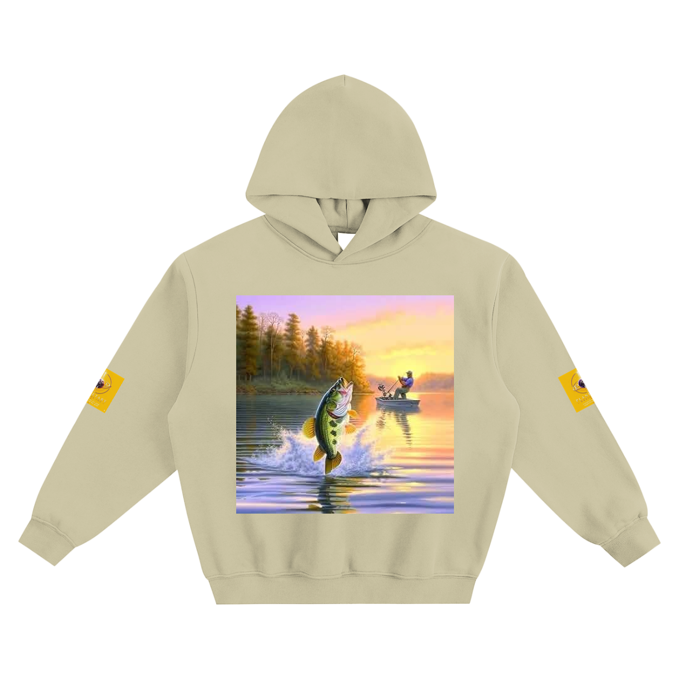 Beige hoodie with a fishing-themed graphic on a white background